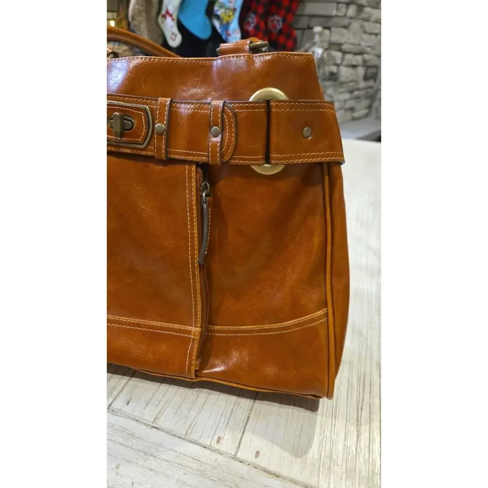 Giani Bernini Women's Saddle Brown Leather‎ Satchel Bag with Turn Lock Closure